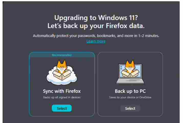 Firefox 火狐浏览器将推Win10转Win11原生备份工具，数据可全量加密迁移截图
