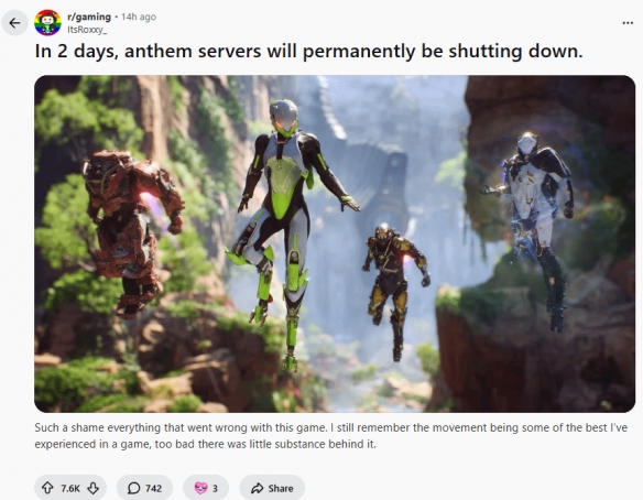 《圣歌》服务器今日永久关闭 玩家呼吁官方推出离线版