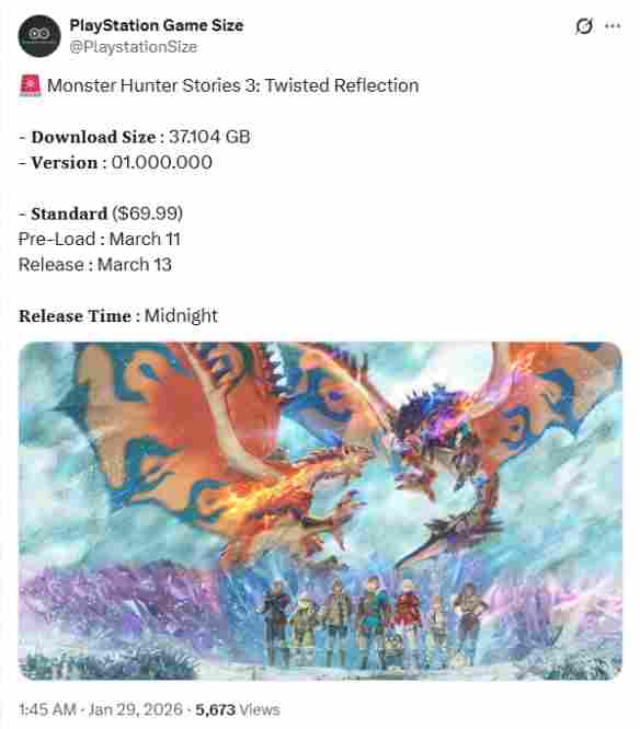 《怪物猎人物语3》PS5版容量大小曝光：约37GB！