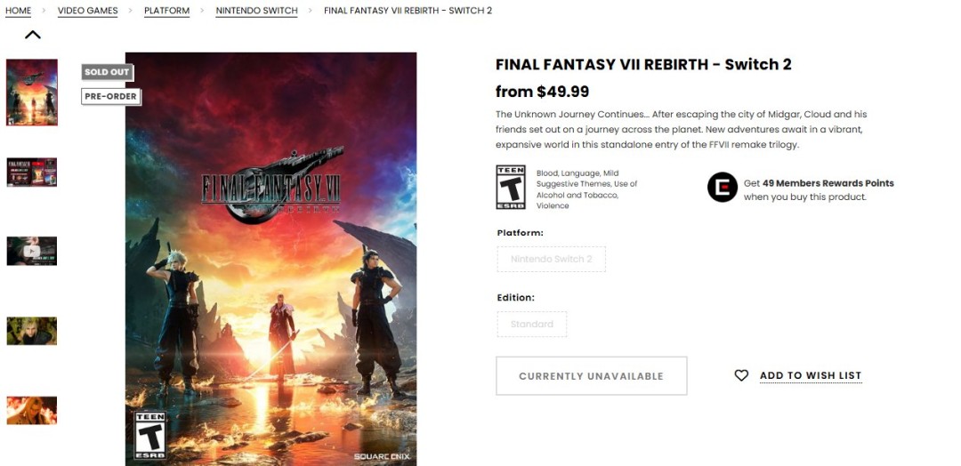 《最终幻想7:重生》Switch 2版已在美国SE商城售罄