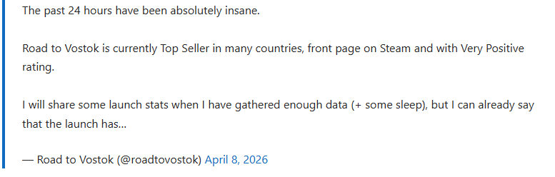 《沃斯托克之路》首发爆火 开发者兴奋表示今后开发预算充足